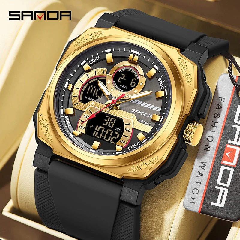 SANDA Novel Punk style watch Digital Sport Watches Waterproof Electronic Quartz Wristwatch Luminous Watch Double Movement Watch