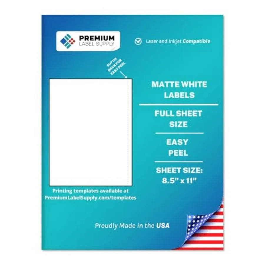 

White Sticker Full Sheet Shipping Labels 8.5" x 11" Laser/Inkjet Compatible 1 per Sheet , 500 Sheets - Letter Size