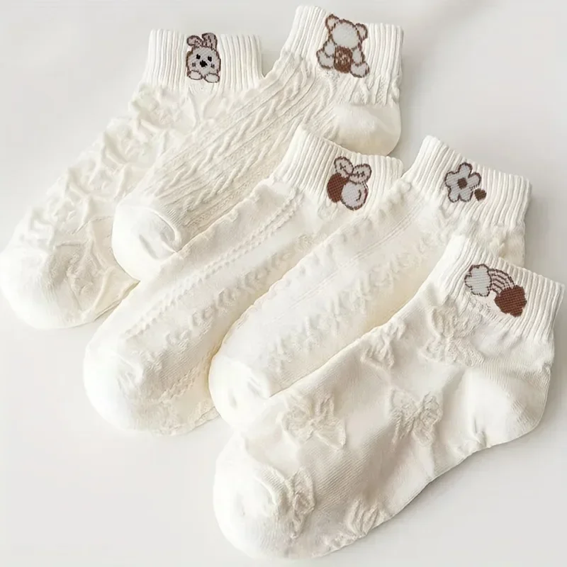 

5 Pairs of White Cartoon Pattern Socks, Cute Pattern Design, Soft, Suitable for Daily Leisure, Fun Styling