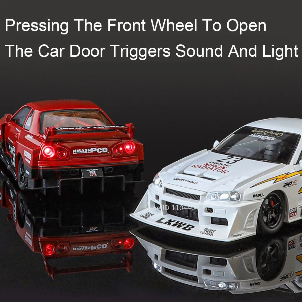 1:24 GTR S15 R34 Auta ze Stopu Metalu Zabawki Odlewane Modele 4 Otwierane Drzwi Dźwięk Światło Napęd Pull Back Miniaturowy Samochód Sportowy Ozdoby do Domu