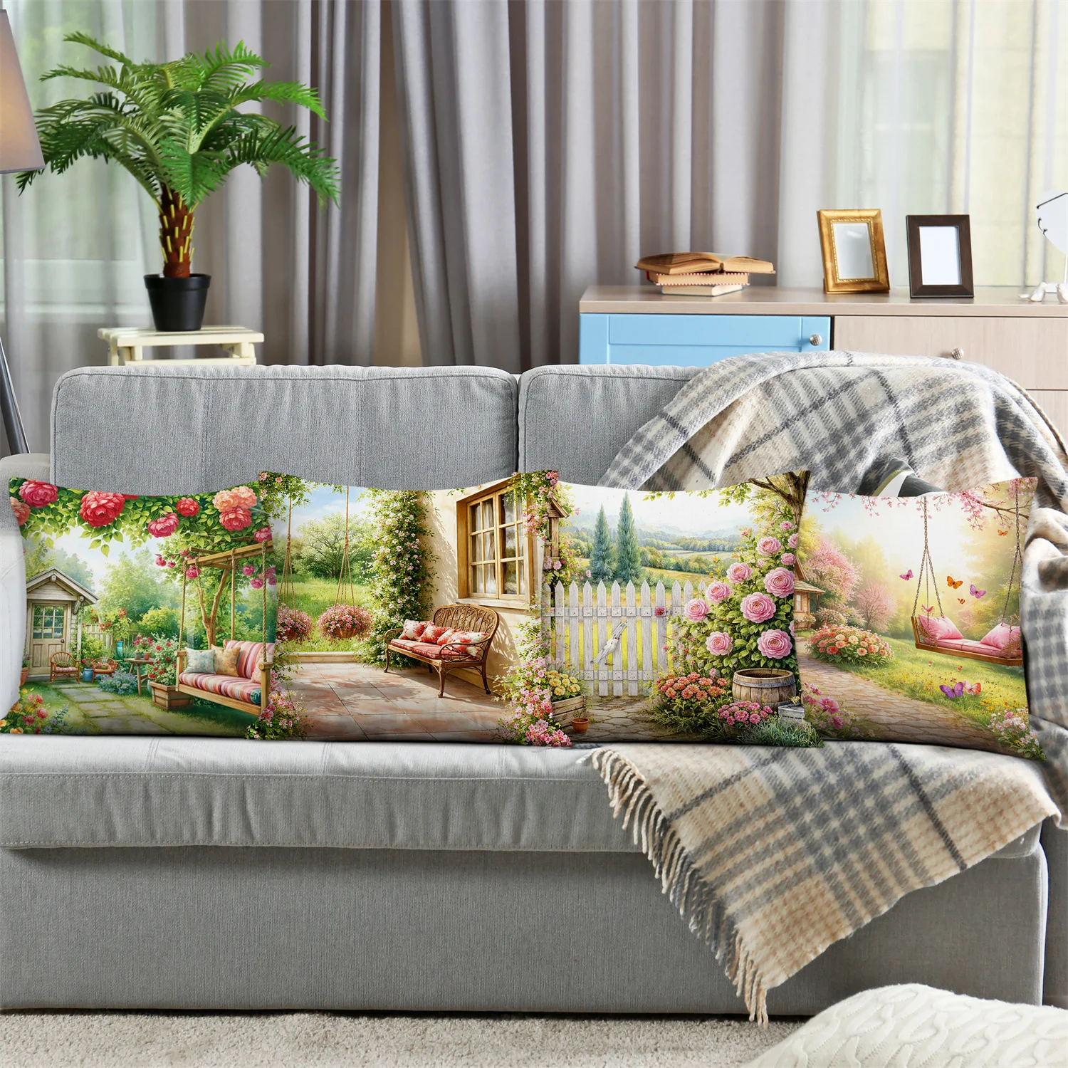 Garden swing, vines, flowers digital printing pillow cover Short plush Suitable living rooms bedrooms sofas throw cushion cover