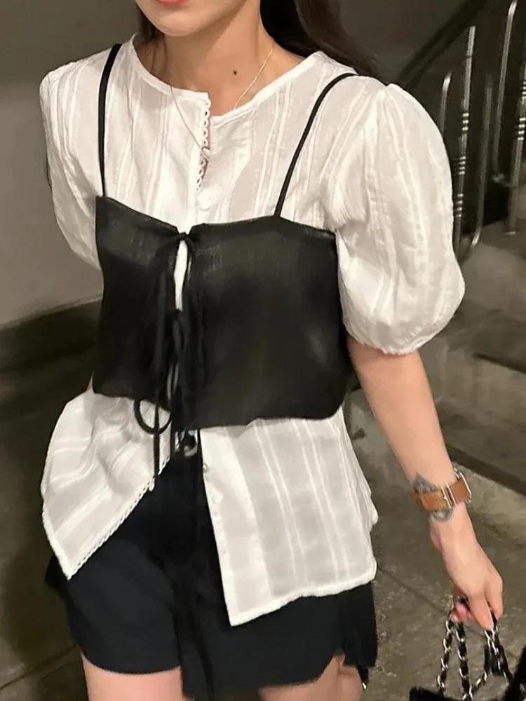 Fashion Solid Color Simple Single Breasted Women Shirt Top New Women's Round Neck Bubble Sleeve Tie Short Sleeve Shirt Summer