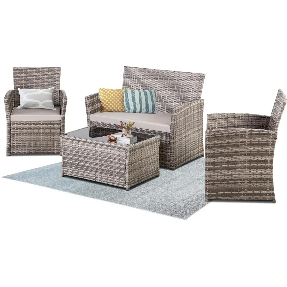 Outdoor Wicker Patio Móveis Set, Rattan sofá secional com mesa de café para quintal jardim e piscina, 4 PCs