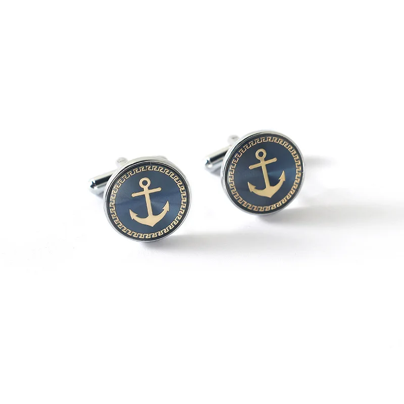 New Fashion Blue Navy Anchor Badge Cufflinks Men\'s Shirt Placket Button Cuff College Style Cufflinks Wholesale Gifts for Men