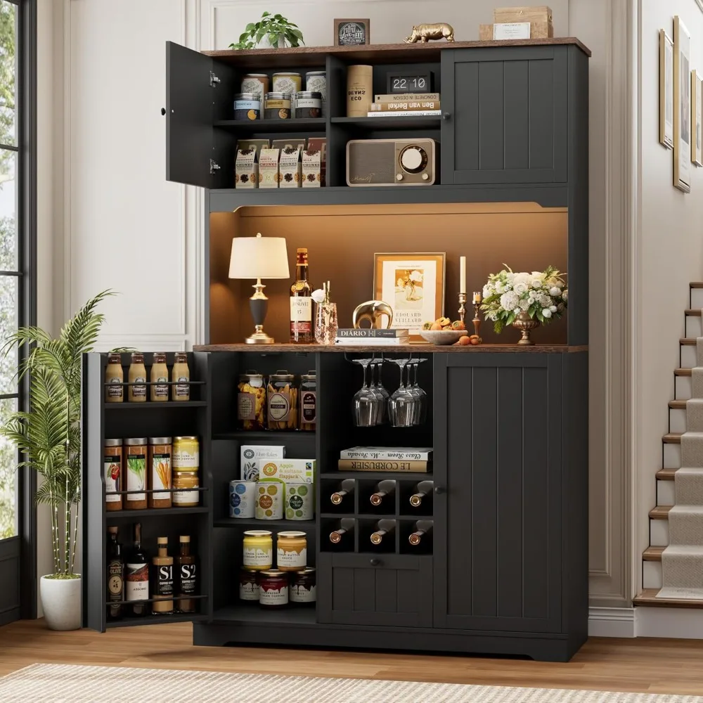 71 Pantry Cabinet with LED Light and Charging Station, Kitchen Pantry Cabinet with Microwave Stand, Kitchen Hutch Food