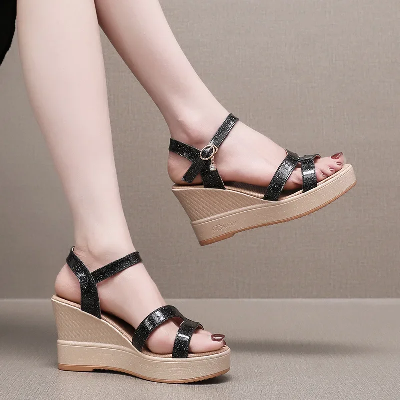 New Comfortable Bling Split Leather Shoes Women\'s Platform Wedges Sandals Summer 2024 High Heels Sandals for Office Beach Mom