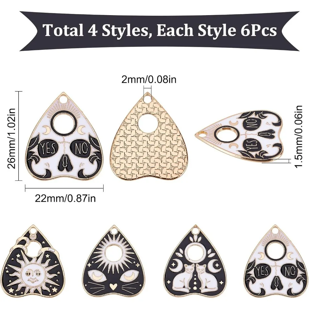 1 Box 24Pcs Gothic Style Cat Charms Black White Halloween Enamel Ouijas Charm Tarot Planchette Board Charms Sun Teardrop Heart