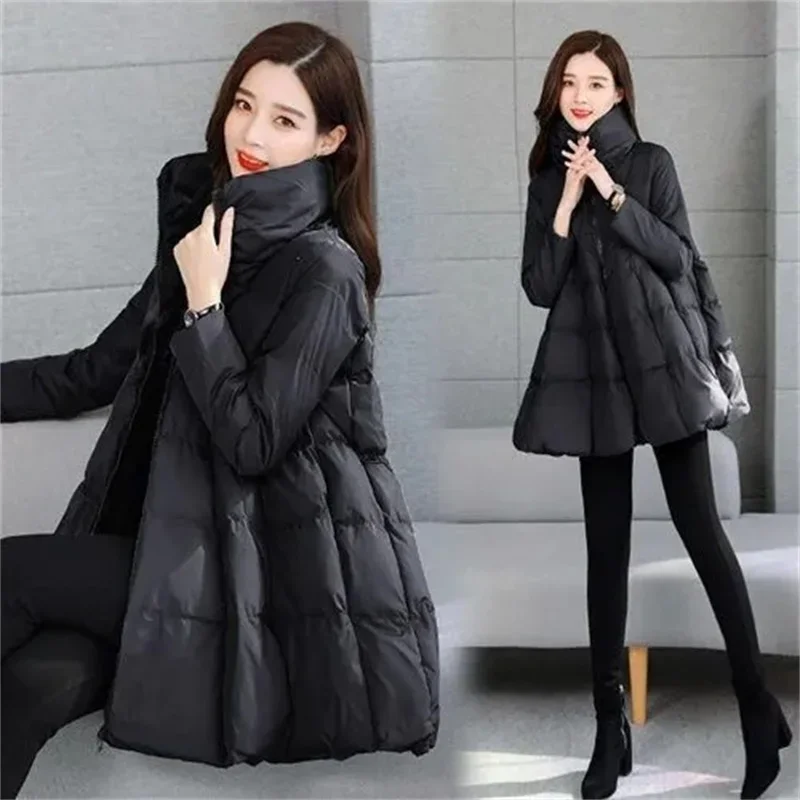 Women Winter Jacket New Korea Stand Collar Cloak Mid Long Cotton Padded Jacket Thicke Warm Parka Cotton Clothes Female Outerwear