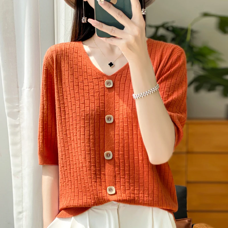 2024 Spring and Summer Women Cashmere Short sleeve V-Neck  Pullover High Quality Elegant Cashmere short sleeves Women