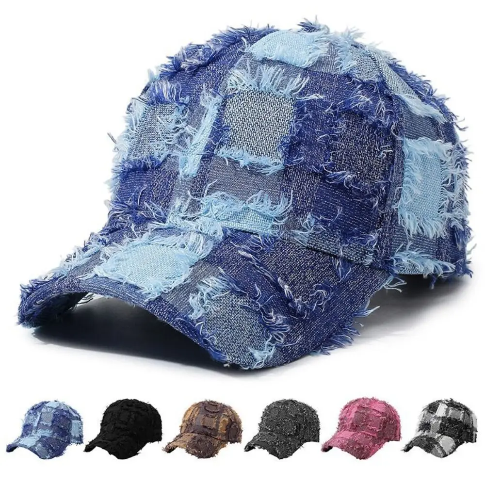 Frayed Edge Distressed Baseball Cap Plaid Pattern Plain Front Casual Baseball Hat Adjustable Fit Distressed Style
