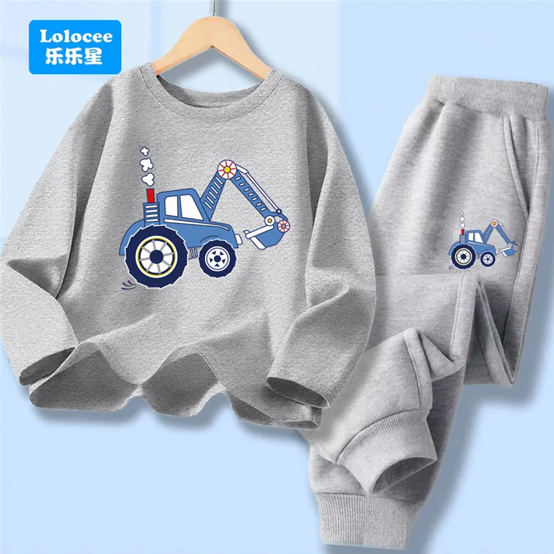 Autumn Boys Kids Clothes Sets Excavator Car Print Long Sleeved Loose T-shirt+Pocket Long Pants 2 Piece Children's Tracksuit WJ1