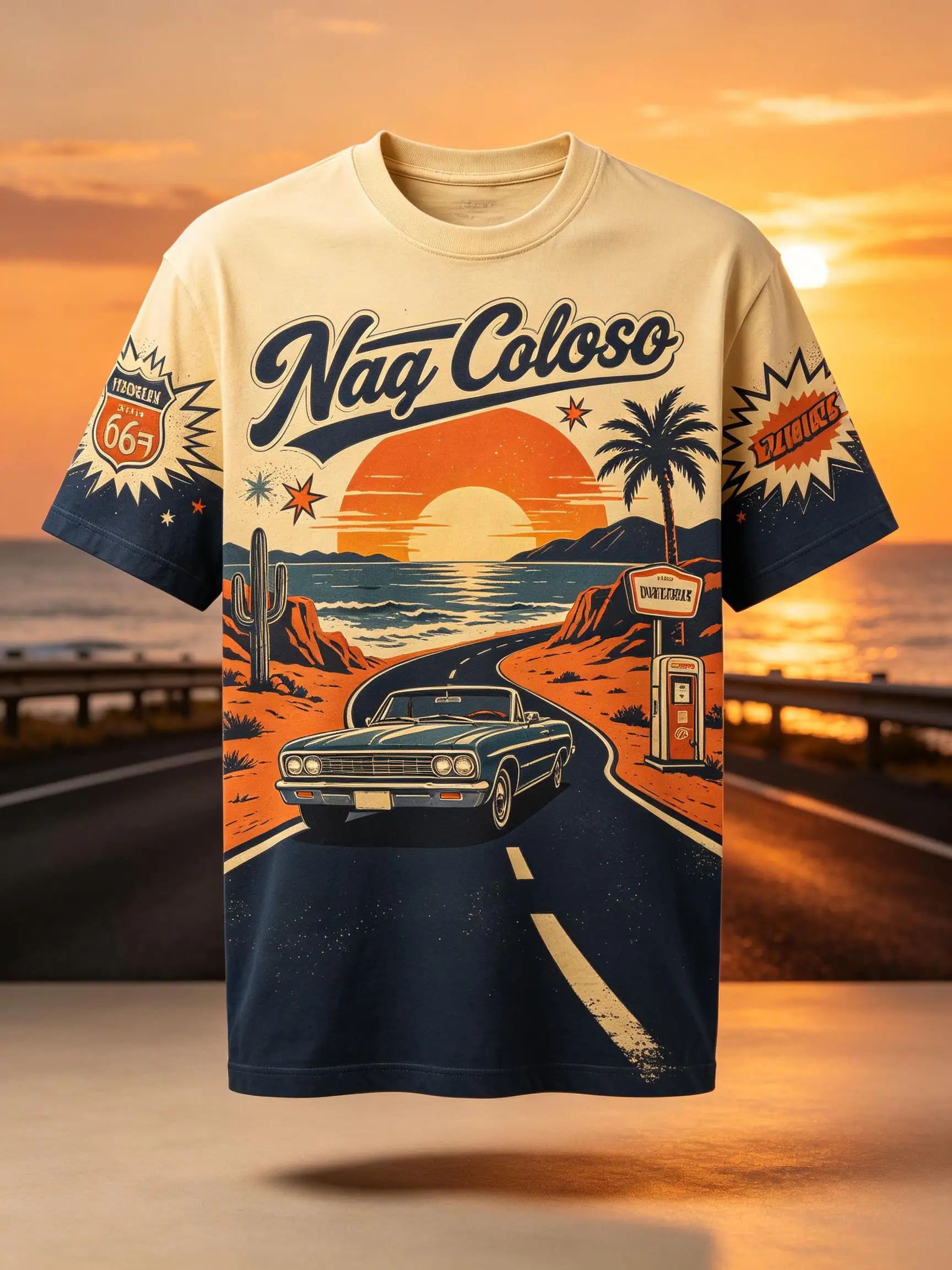 Vintage Western Highway Pattern Mens Tee Black Retro Convertible Desert Sunset Star Casual Street Wear