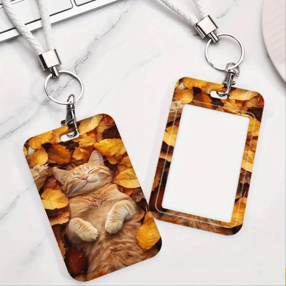Cat In Autumn Leaves ID Card Holder Plastic Window Case Ginger Tabby Fall Foliage For Nurse Office Worker Bank Card
