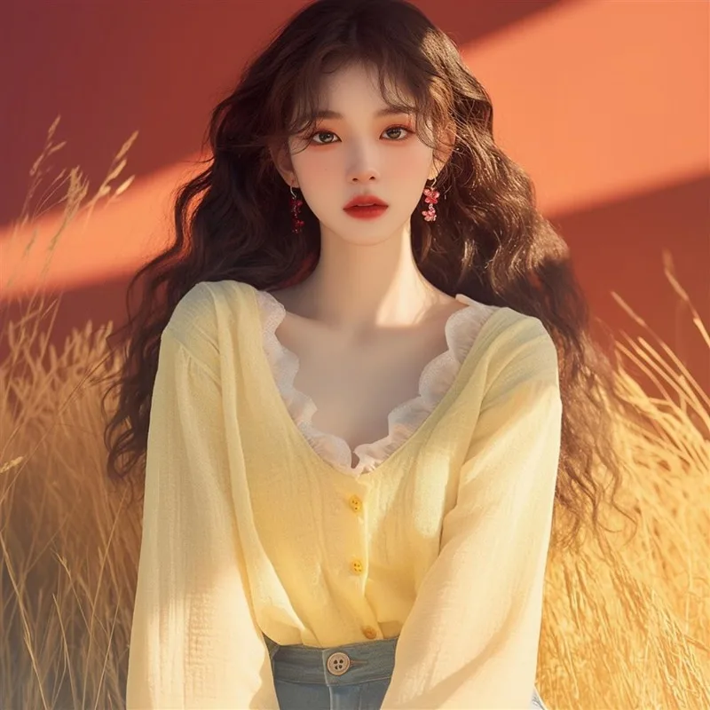 

Lace V-neck Ruffles Solid Color Appear Thin puff sleeve Shirts Women Spring Autumn Fashion Trend All-match Temperament Tops