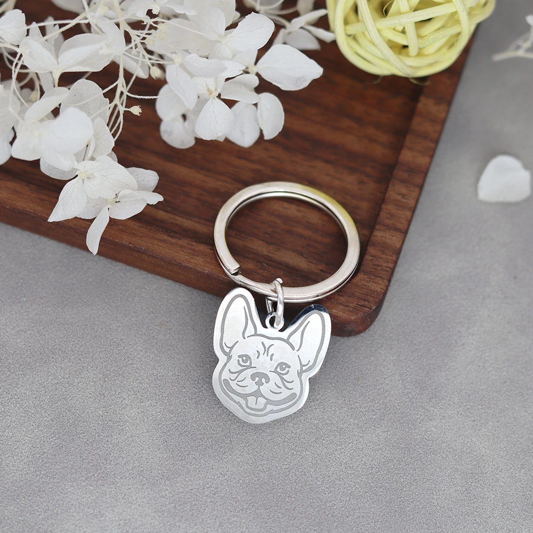 French Bulldog Dog Head Personalized Pendant Keychain ID Phone Tag Custom Name Keyring Men Women Stainless Steel Jewelry Gift