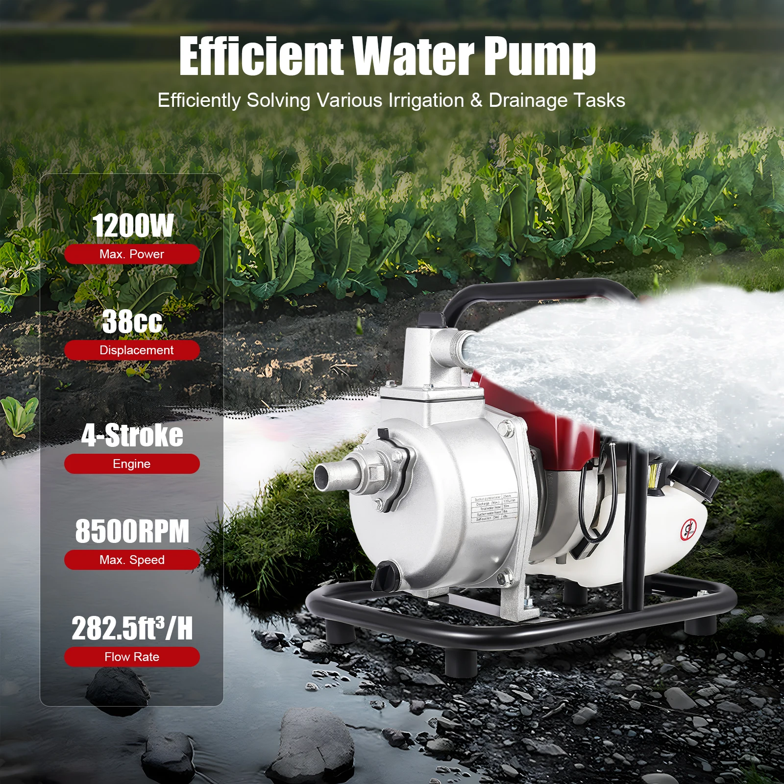 4 Stroke 1200W Portable Water Pump Garden Irrigation Transfer Pump Garden Pumping Petrol
