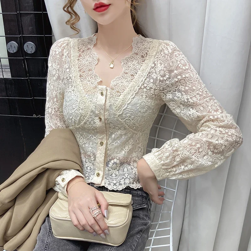 Long Sleeve V-Neck Blouse Women Blusas Mujer De Moda 2024 Apricot Hollow Lace Blouse Shirt Tops Women Blusa Women Clothing D892