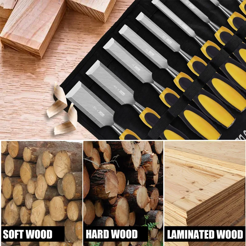 9 Piece Wood Chisel Set for Woodworking CR-V Steel Beveled Edge Blade Durable PVC High Impact Handle Wood Chisel