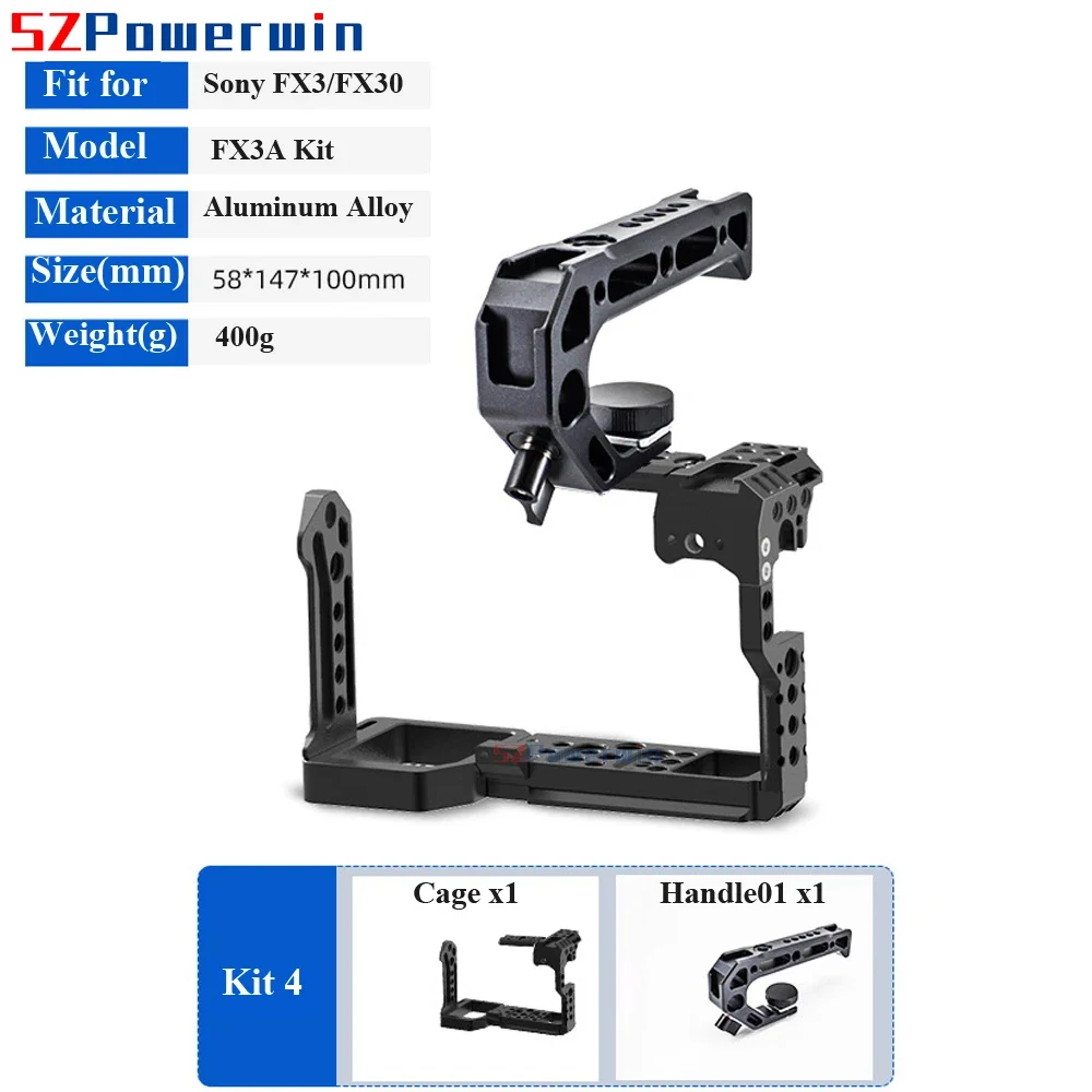 Powerwin For Sony FX3 FX30 Camera Cage with wooden Handle Kit Protective Rig Frame Gimbal Aluminum Alloy Arri Locating Screw