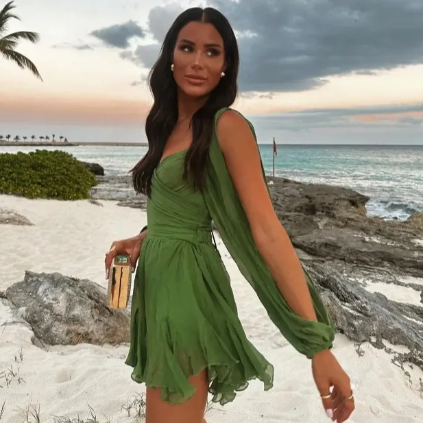 

BWQ Sexy Summer Green Women Long Slit Sleeve Mini Dress Fashion Ruffles Hem V Neck A Line Vestidos Beach Vacation Lady Dresses