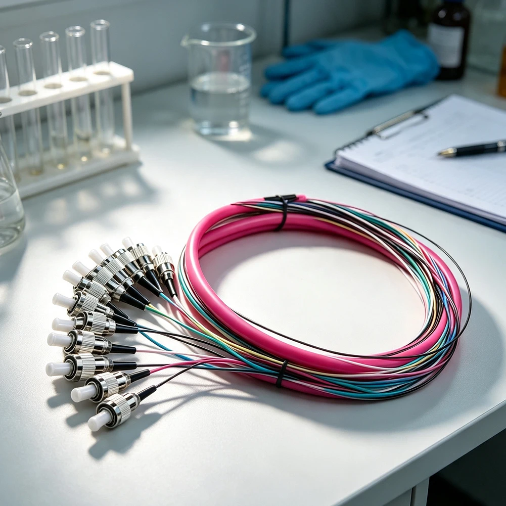 12-Core OM4 Multimode Fiber Pigtail 2m Length, Low Insertion Loss Color-Coded For LC For SC FC ST Connectors Networks