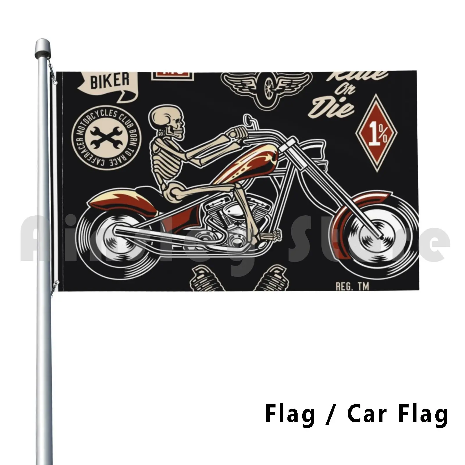 Motorebel Череп-постер Флаг Автомобильный флаг Печать на заказ Рокер Байкер Гонки Бородатые Хипстерские Усы Мотоцикл
