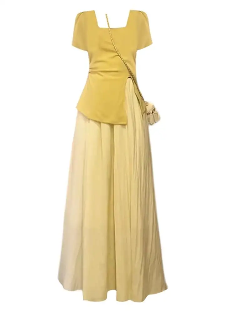 

plus Size Women's Faionable T-irt And Skirt Two-Piece Set Summer ort Sve Asymmetrical Slit Top f-length Dr