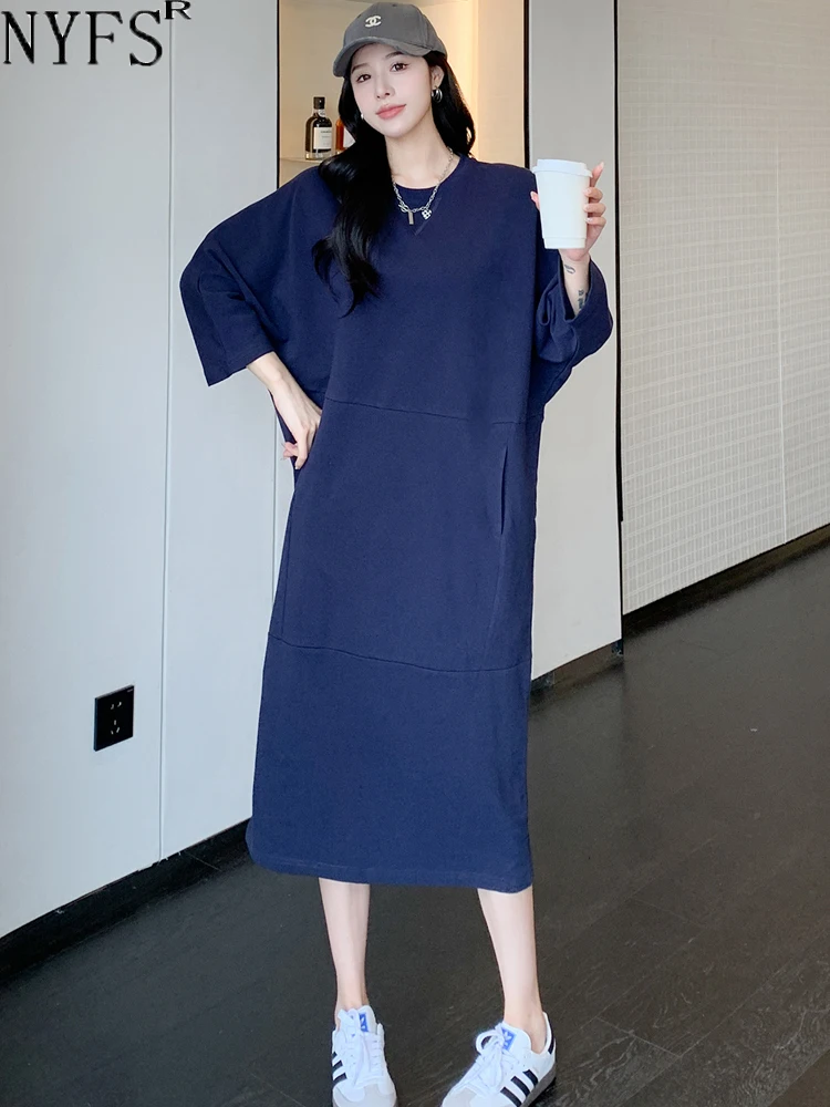 

NYFS 2023 Autumn New Korea Woman Dress Vestidos Robe Elbise Loose Plus Size Simple Seven Sleeve Long Dresses