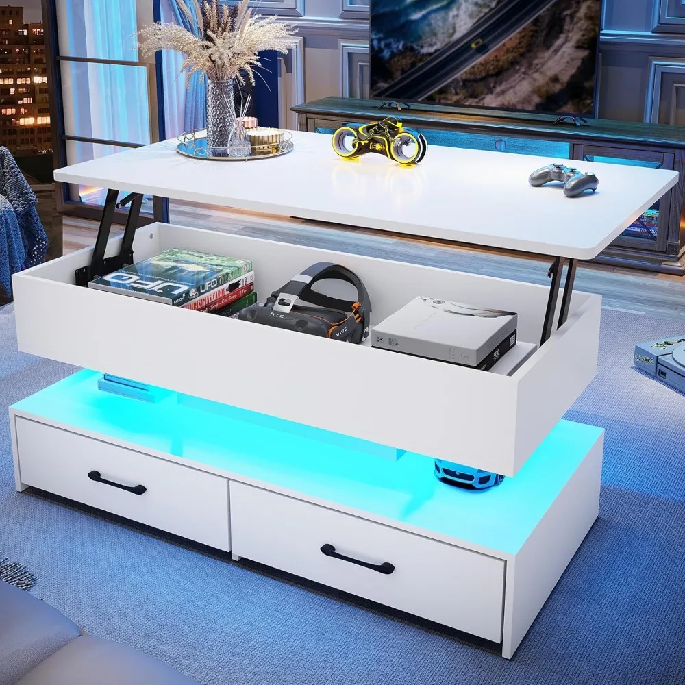 

Lift Top Coffee Table, Coffee Tables with Storage for Living Room, Small Coffee Table with 2 Drawers & LED Light