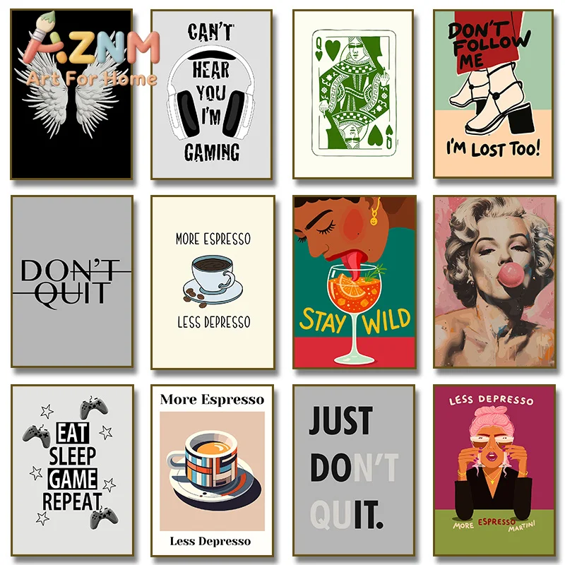 Sexy Girl  Drink Wine More Espresso Less Depresso Motivational Quote Poster Wall Art Canvas Painting Prints Wall Room Home Decor