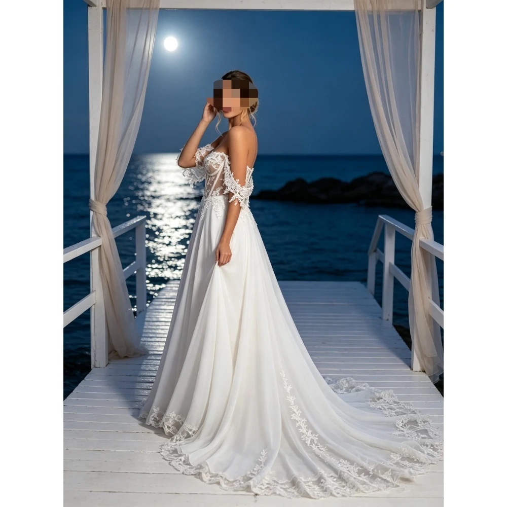 Customized Retro Light Luxury Sweetheart Off The Shoulder See Through Body Sweep Train A Line High Slit Summer Bridal Gown