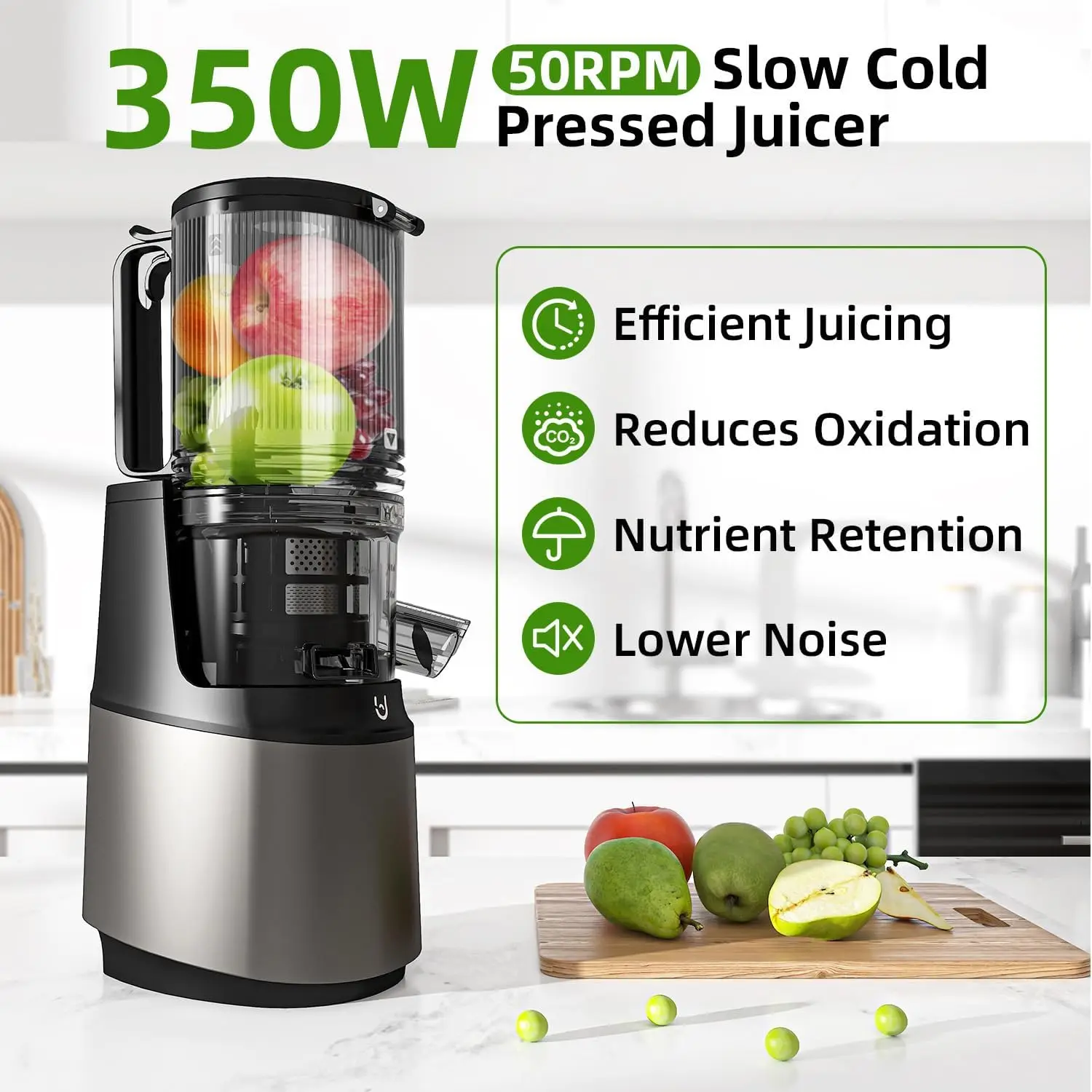 Press Juicer Machines, 350W Masticating Juicer with 5.8" Inch Large Feed Chute for Whole Fruits and Vegetables, Slow Juices Extr