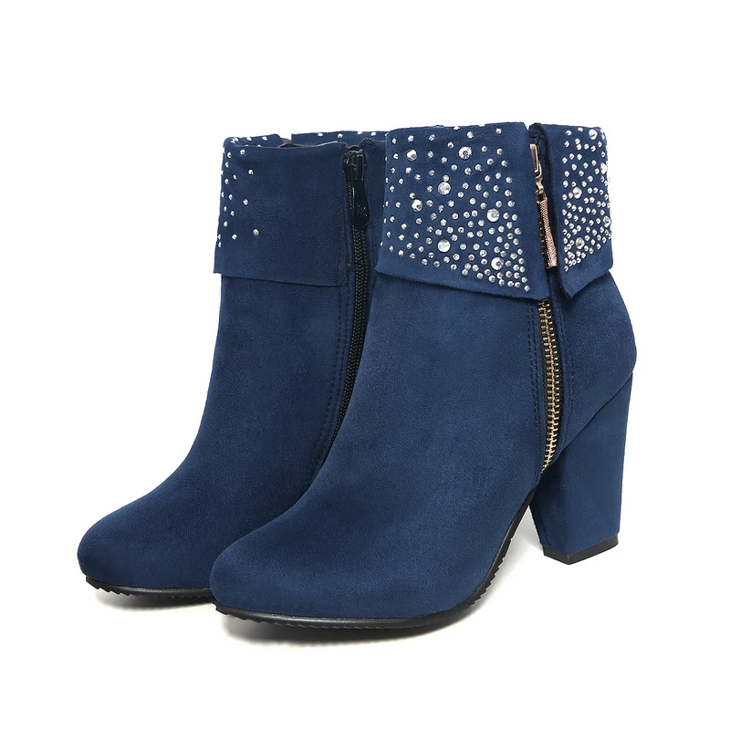 Rhinestone Crystal Sparkle Red Navy Blue Ankle Boots for Women Big Size 46 47 Zipper Chunky High Heels Bling Winter Warm Shoes