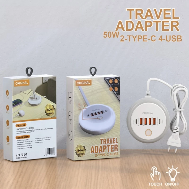 

The new 2TC+4USB multi-port smart fast charging power strip charger with LED touch light，USB socket