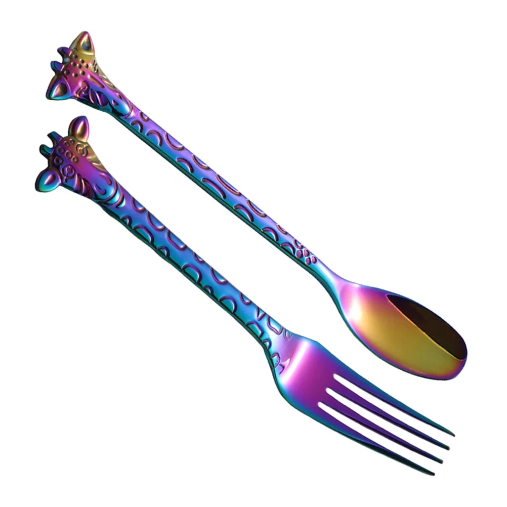 

2Pcs Stainless Steel Spoon Fork Set Mini Cartoon Teaspoons Dessert Coffee Stirring Kitchen Accessories