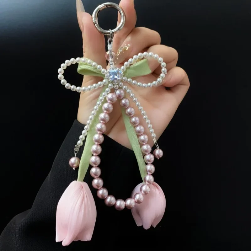 Новый корейский сладкий жемчужный бант, цветок тюльпана, брелок с подвеской в виде сердца, эстетический брелок для ключей для девочек, сумка, подвеска, аксессуары