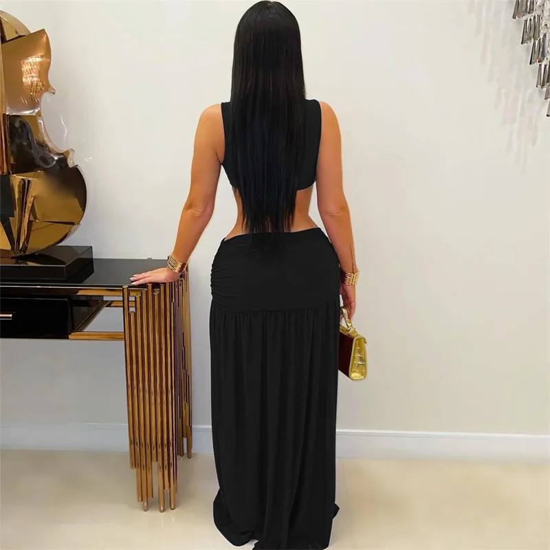 Sexy Cut Out Ruched A-line Birthday Dress for Woman Party Club Night Sleeveless O-neck High Split Prom Maxi Dresses Robe Femme