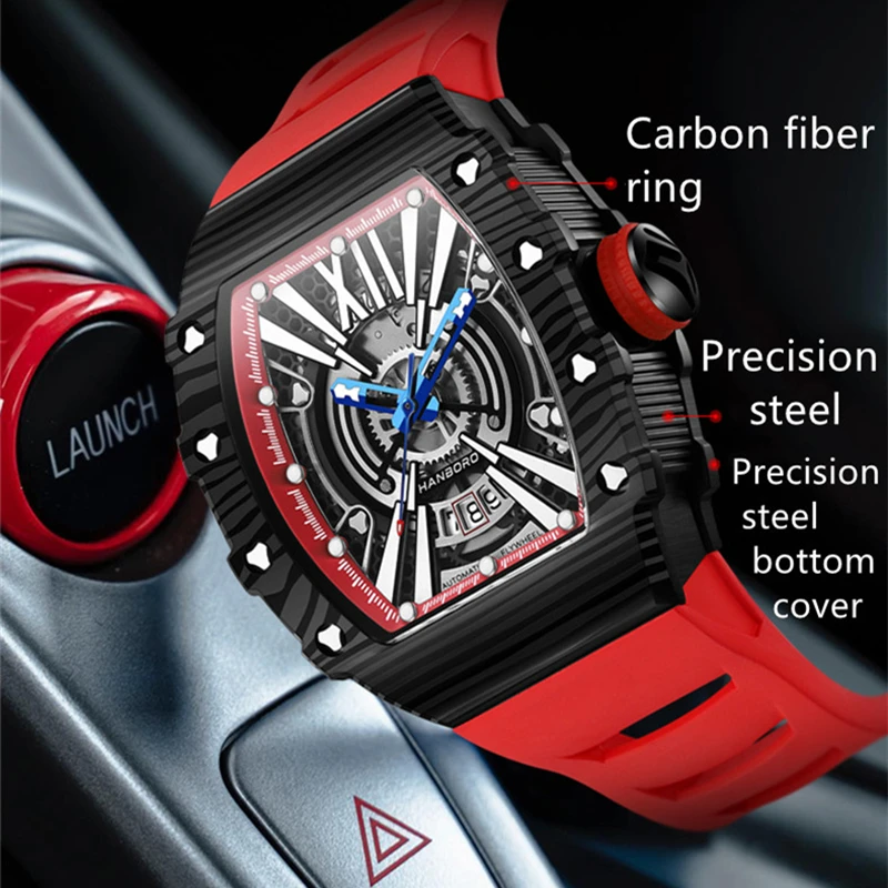 HANBORO Luxury Watch For Men Watches Automatic Mechanical Stainless Steel Watches Carbon Fiber Ring Calendar 2023  Mouth Horloge