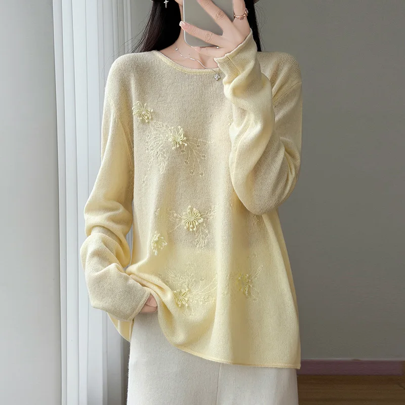 Embroidered Women's Winter-Spring New Style Sweater 100% Merino Wool and Cashmere Pullover Cashmere Round-neck Warm Knit Top