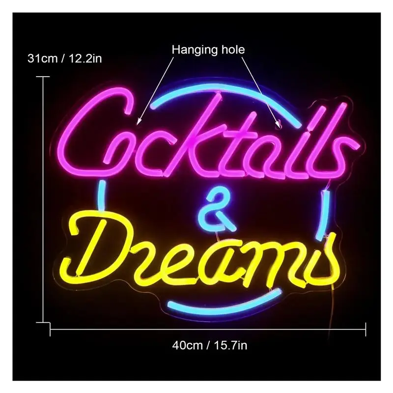 "Cocktail & Dreams" Neon Sign USB Dimmable for Gameroom Bedroom Bar Livingroom Birthday Party Wall Decor 15.4x11.8in view 4