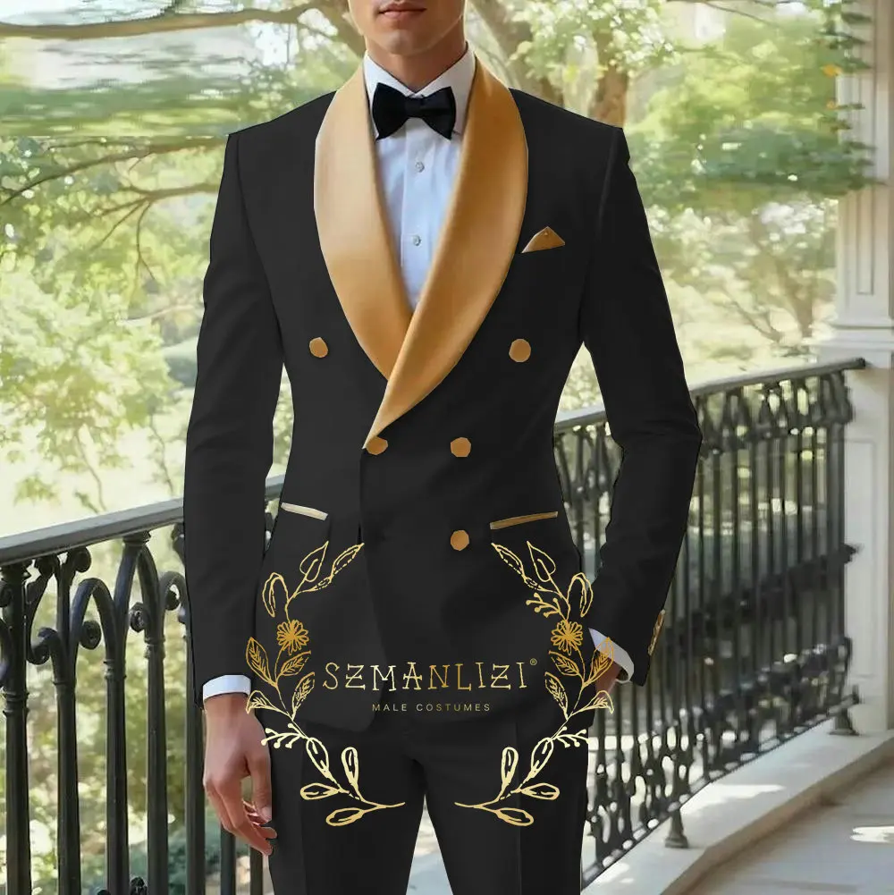 Weißer Herrenanzug, zweireihig, Blazer, Hose, neueste Designs, goldenes Schalkragen, schmale Passform, 2-teiliger Smoking, Bräutigam, Abschlussball, Anzüge, Ternos