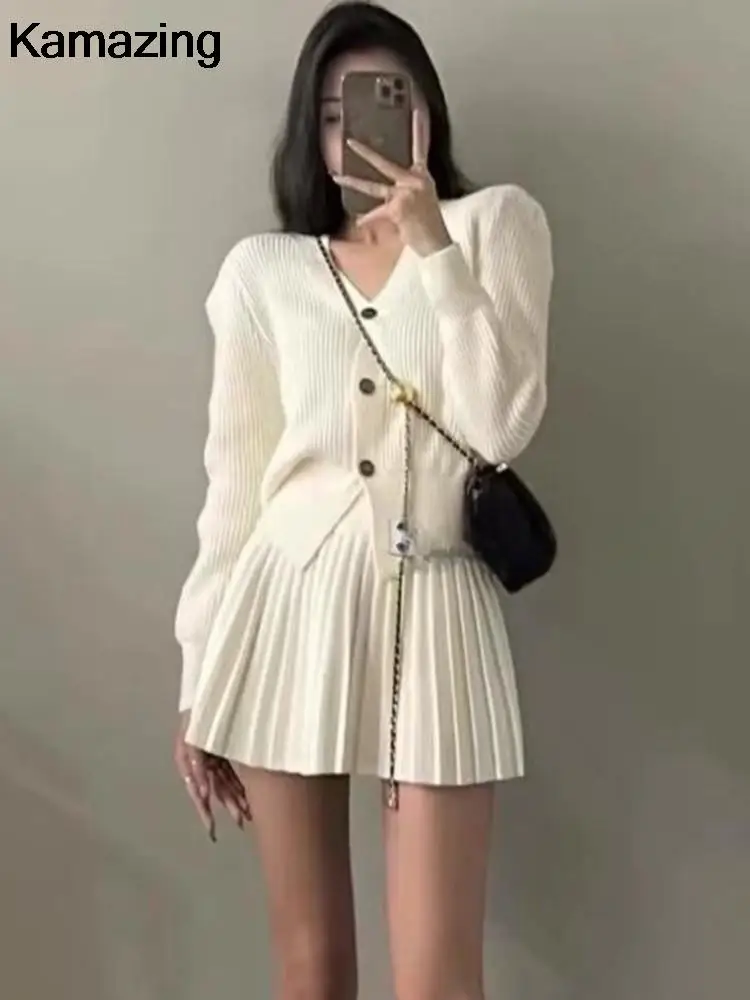 Korean Fashion Autumn Winter Women\'s Knitted Suits Single Breasted Cardigan High Waisted Mini Pleated Skirt Chic 2-piece Outfit