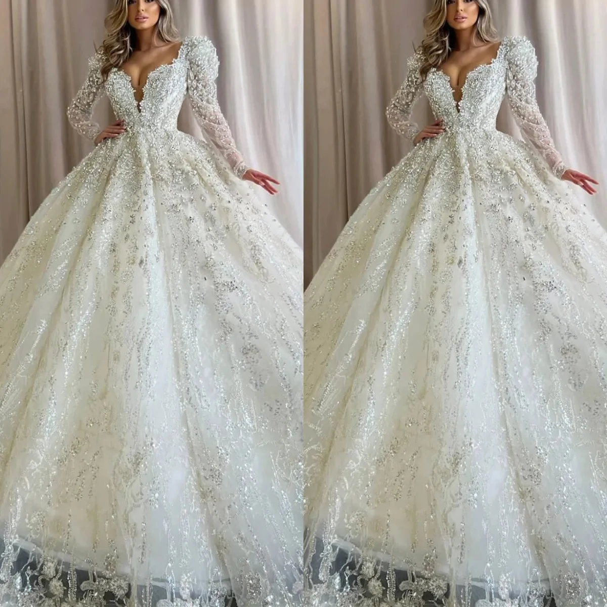 

Customized Luxury Ball Gown Crystal Sequins Beading V Neck Wedding Dress Long Sleeve Sweep Train Lace Bridal Dresses