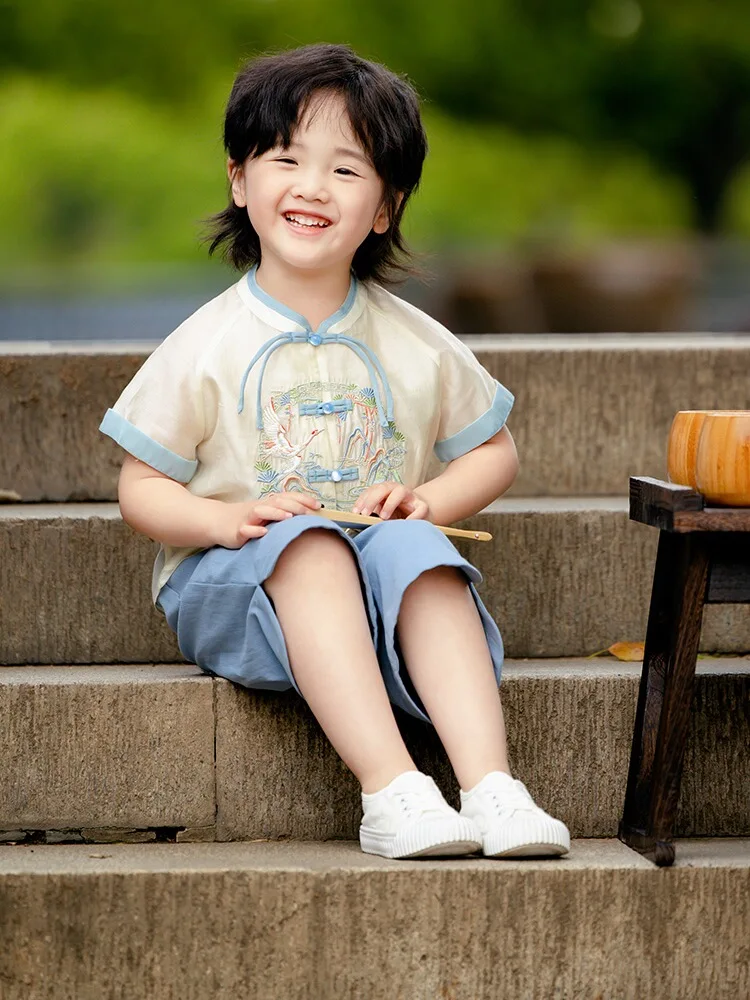 بدلة أطفال بأكمام قصيرة باللون الأزرق والأخضر ، زي تانغ الأصلي ، زي قديم ، صيفي ، جديد ،