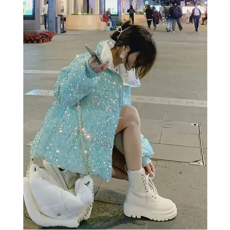 Pop Sequin Heavy Lndustry Down Cotton-Padded Jacket Women's Winter Korean Loose Collar Short Bread Cotton-Padded Jacket Coat