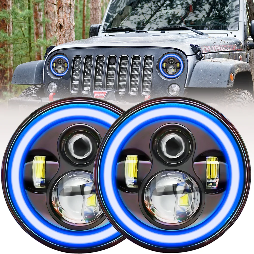 

7 Inch Wrangler LED Round Headlight 4 Lighting Modes Angel Eye Headlamp Blue/Yellow Light for Jeep Motorcycle Headlight