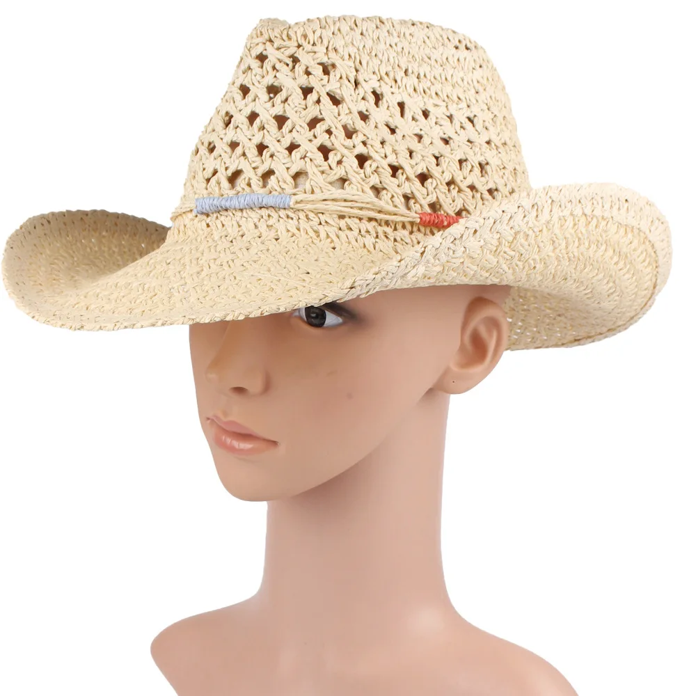 Unisex Spring/summer Beige Straw Hat, Hand-woven, Hollowed-out, Breathable, Sun-shading, Curved Brim Western Cowboy Hat