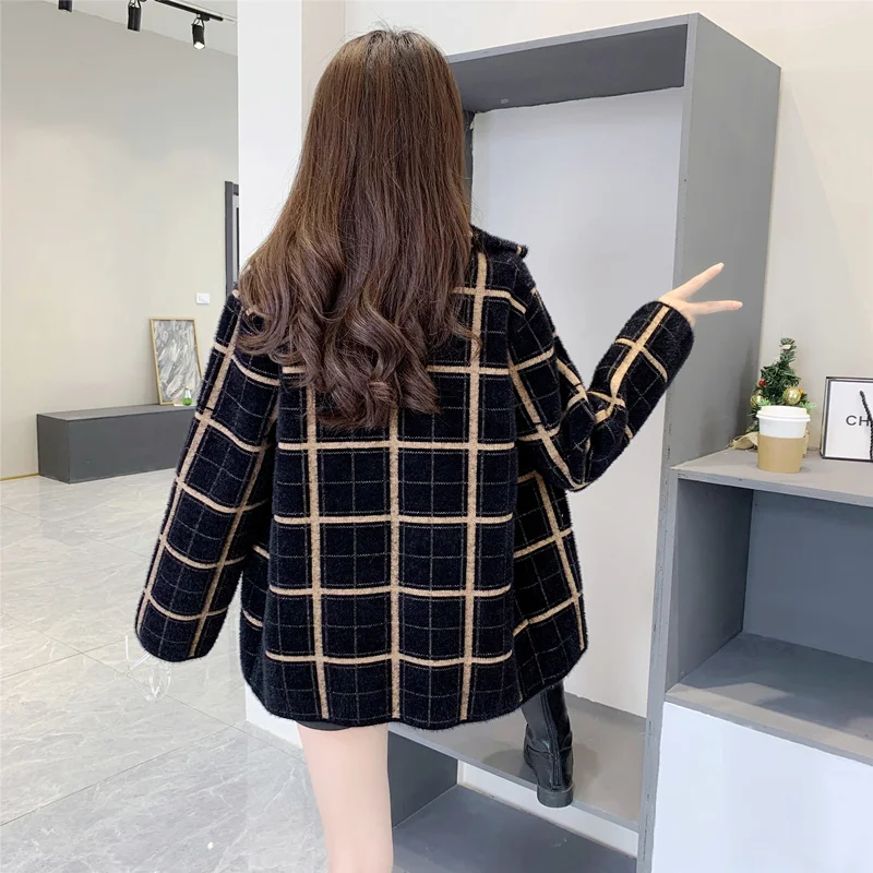 Blazer Collar Jacket Women Short Outwear Autumn Winter 2024 New Thick Mink Cashmere Plaid Knit Cardigan Sweaters Coat Female