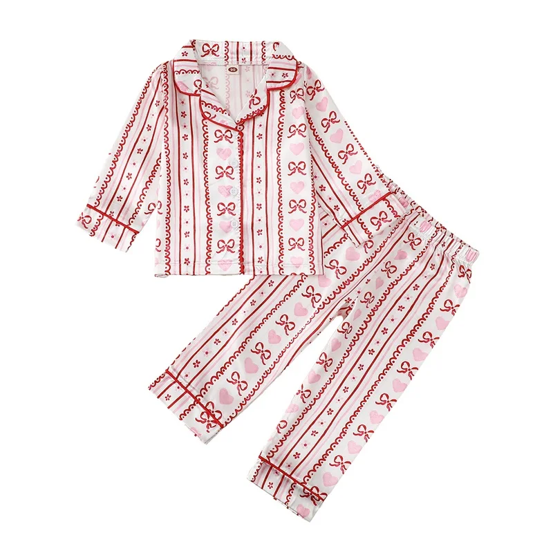 Kids Girls Valentine s Day Pajamas Set Bow Heart Print Long Sleeve Shirts Tops Long Pants 2 Pieces Lounge Suit Sleepwear