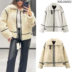 Woman's Fashion Winter Chic Jacket White Turn-Down Collar Long Sleeve Pockets Zipper Female Streetwear Roupa Coats Jaqueta